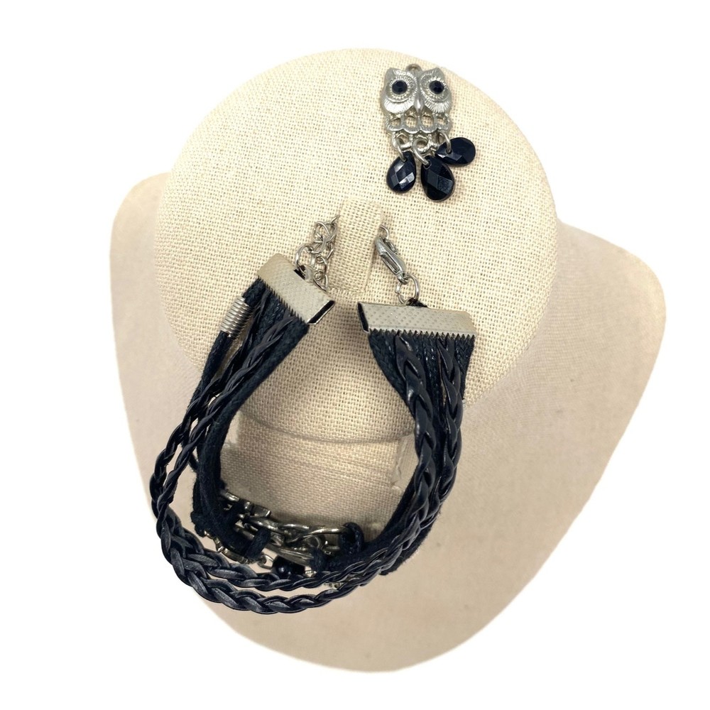 Owl Silver Tone Pendant with Black Leather Owl Giraffe Charm Bracelet Set